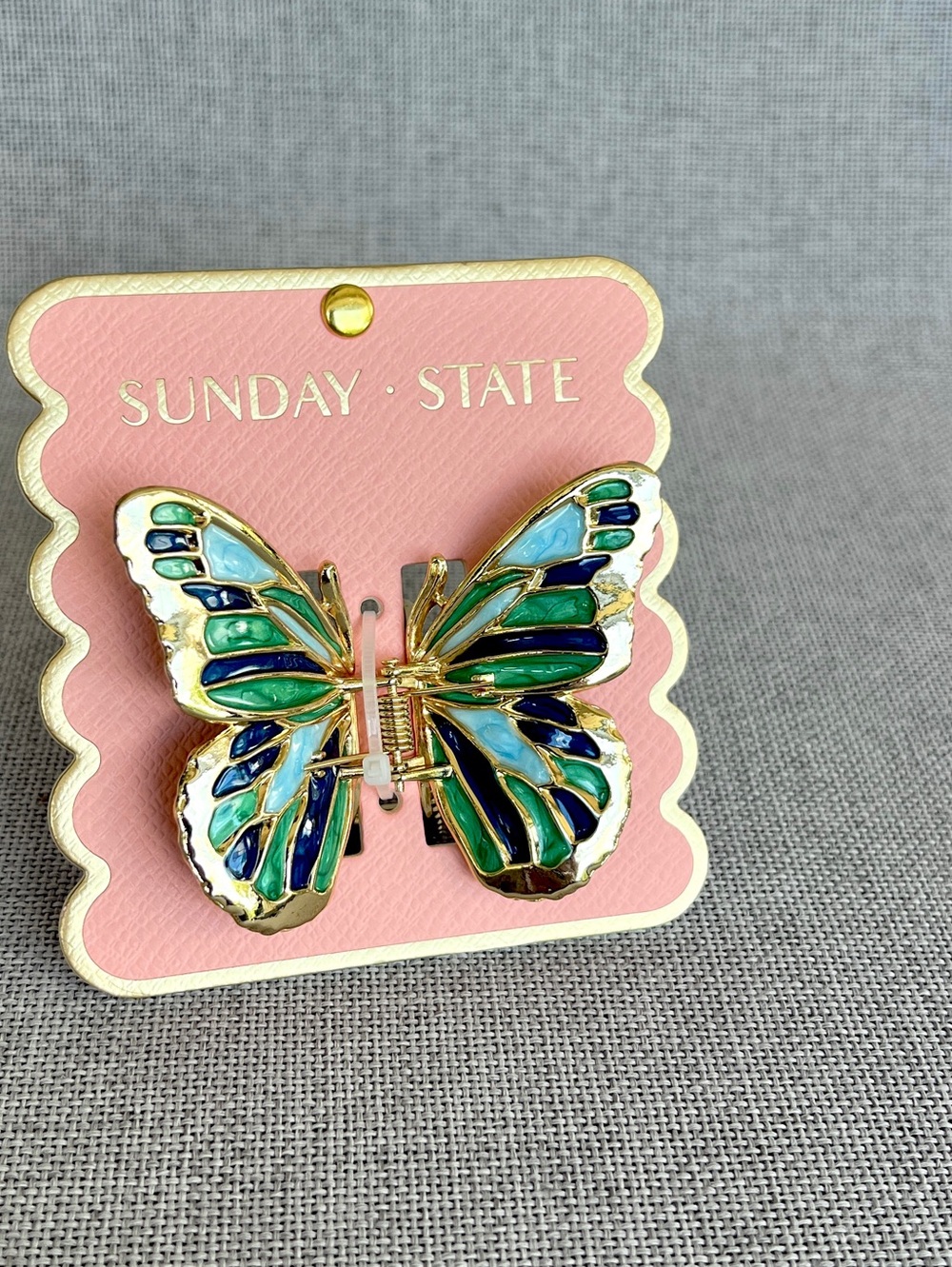 Sunday State Butterfly metal enamel claw jaw hair clip gold green blue NWT